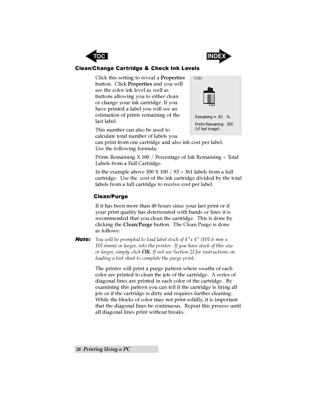 Primera Technology LX400 user manual Clean/Change Cartridge & Check Ink Levels, Clean/Purge 