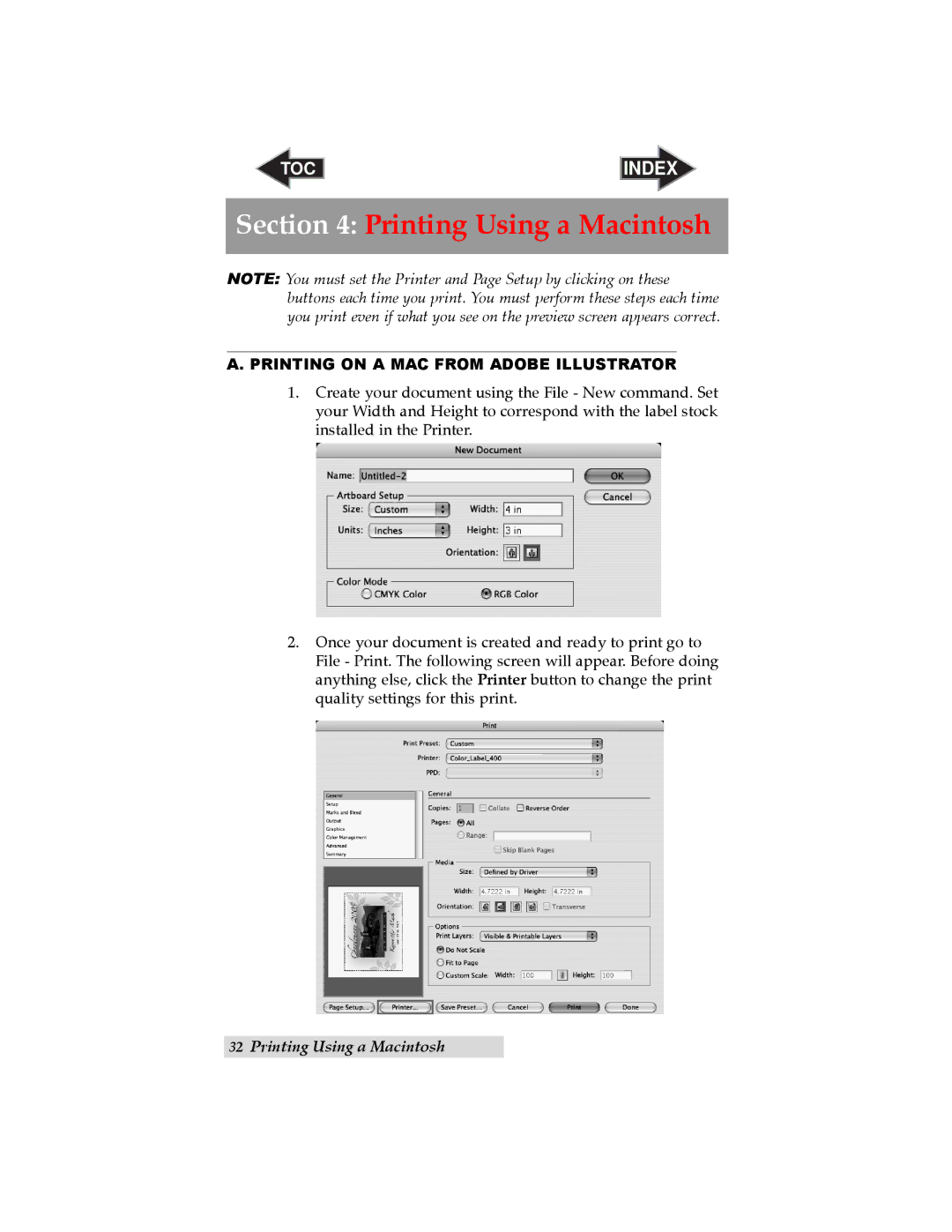 Primera Technology LX400 user manual Printing Using a Macintosh, Printing on a MAC from Adobe Illustrator 