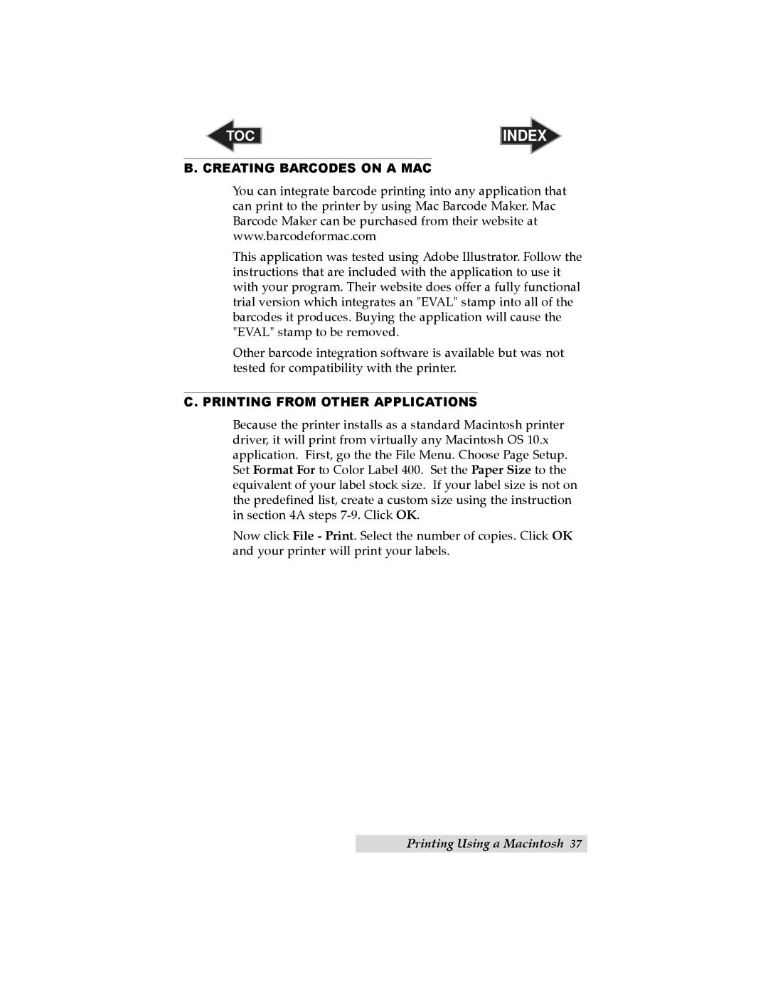 Primera Technology LX400 user manual Creating Barcodes on a MAC, Printing from Other Applications 