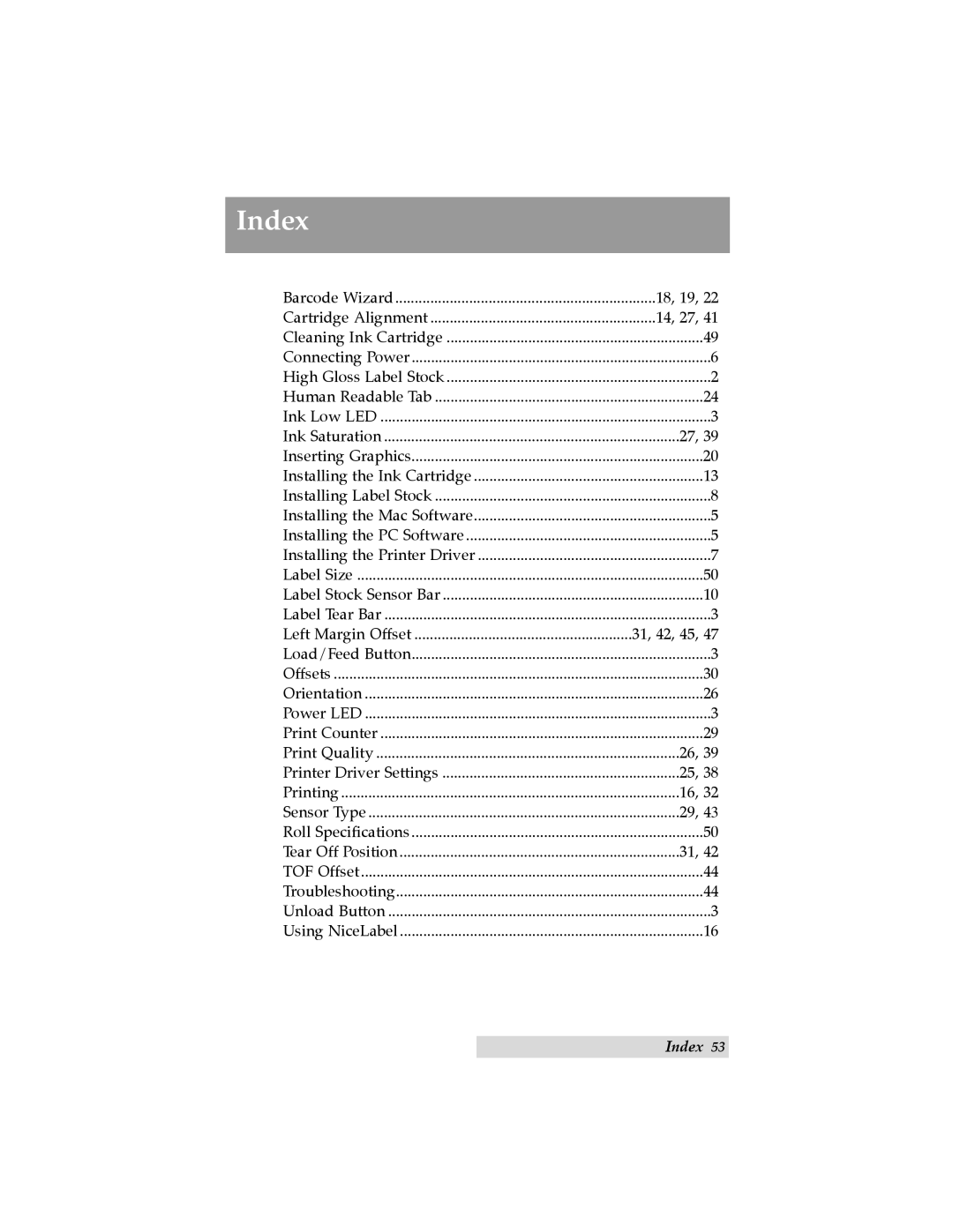 Primera Technology LX400 user manual Index 