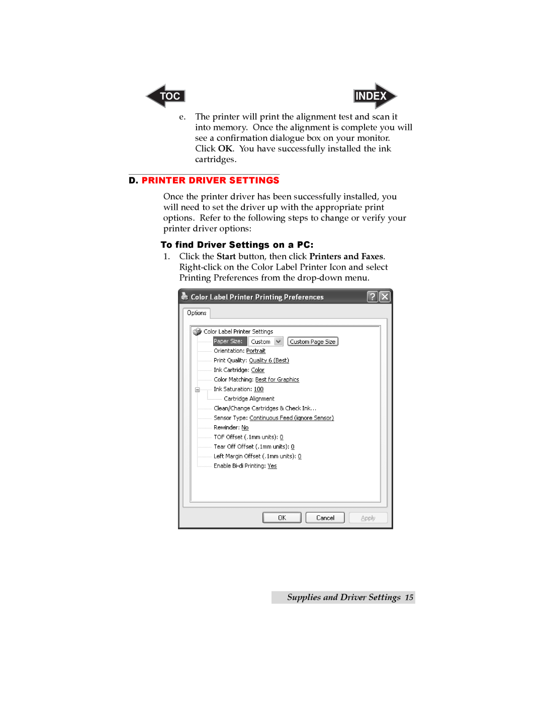 Primera Technology LX800 Index, D. Printer Driver Settings, To find Driver Settings on a PC, Supplies and Driver Settings 