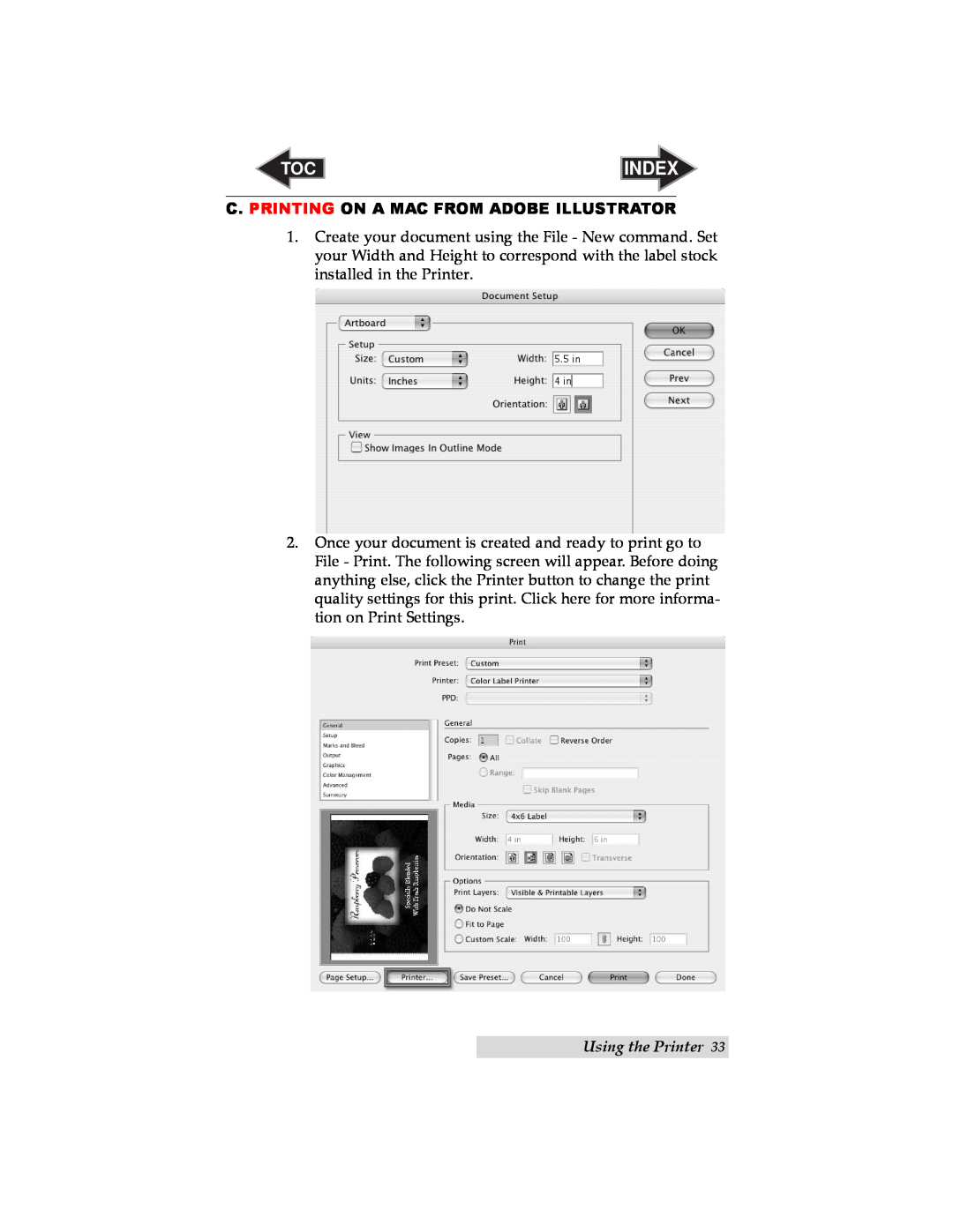 Primera Technology LX800 user manual Index, C. Printing On A Mac From Adobe Illustrator, Using the Printer 