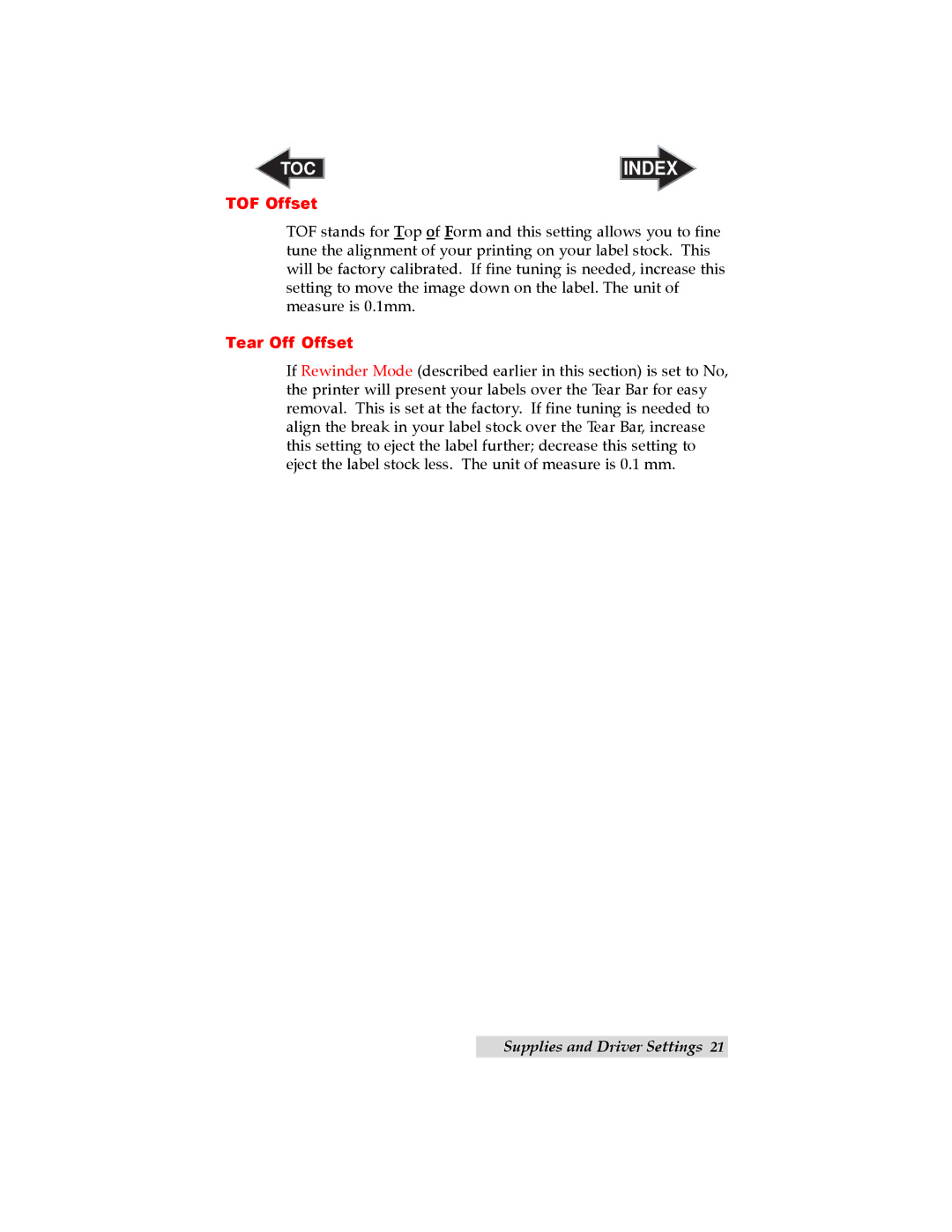 Primera Technology LX800 user manual TOF Offset 