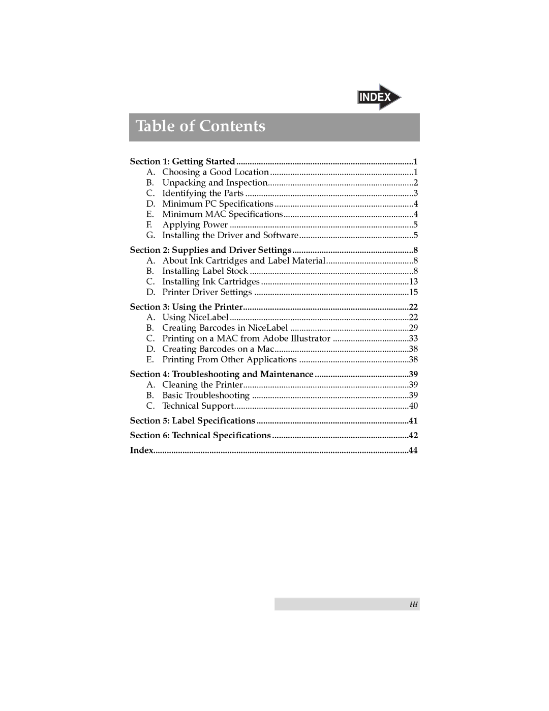 Primera Technology LX800 user manual Table of Contents 