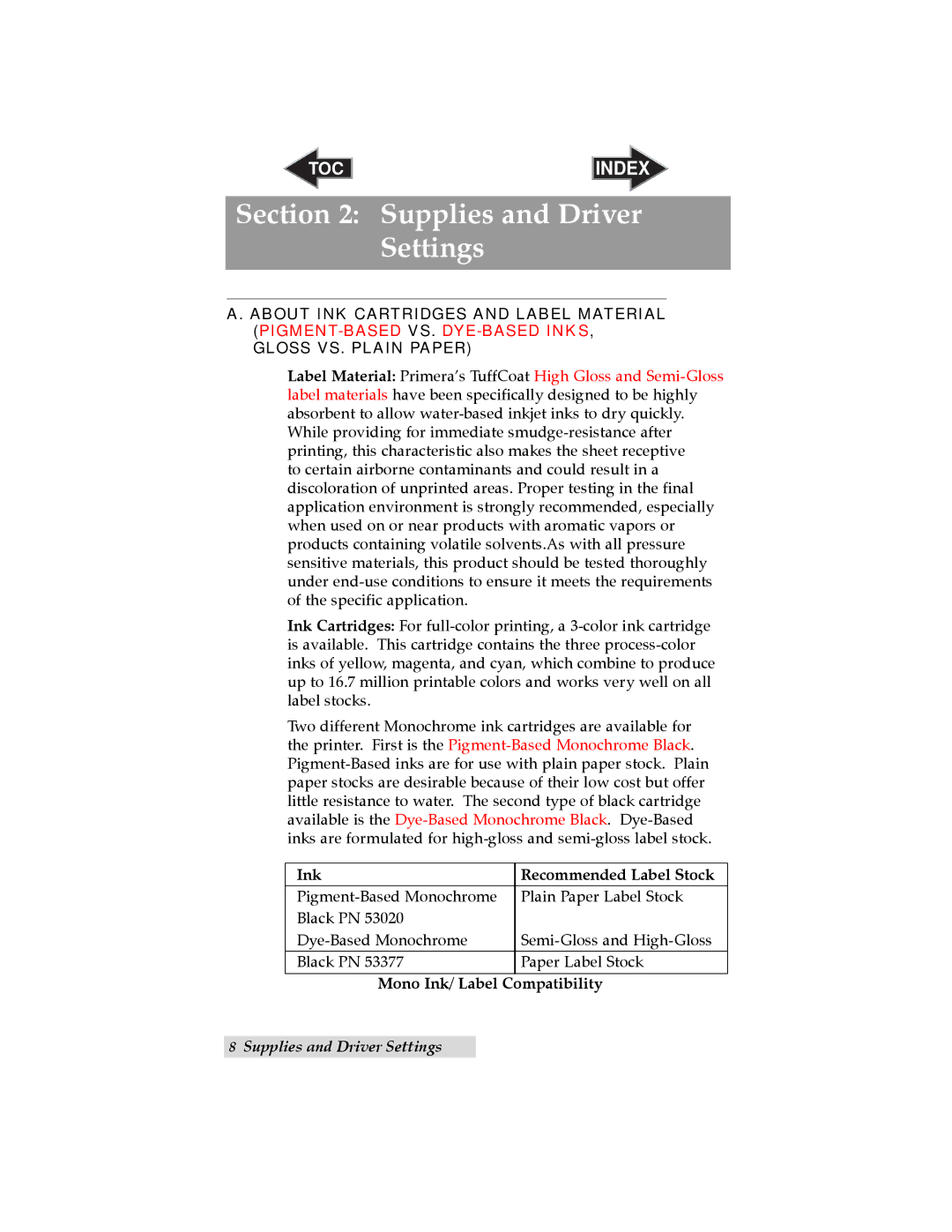 Primera Technology LX810 Supplies and Driver Settings, Ink Recommended Label Stock, Mono Ink/ Label Compatibility 