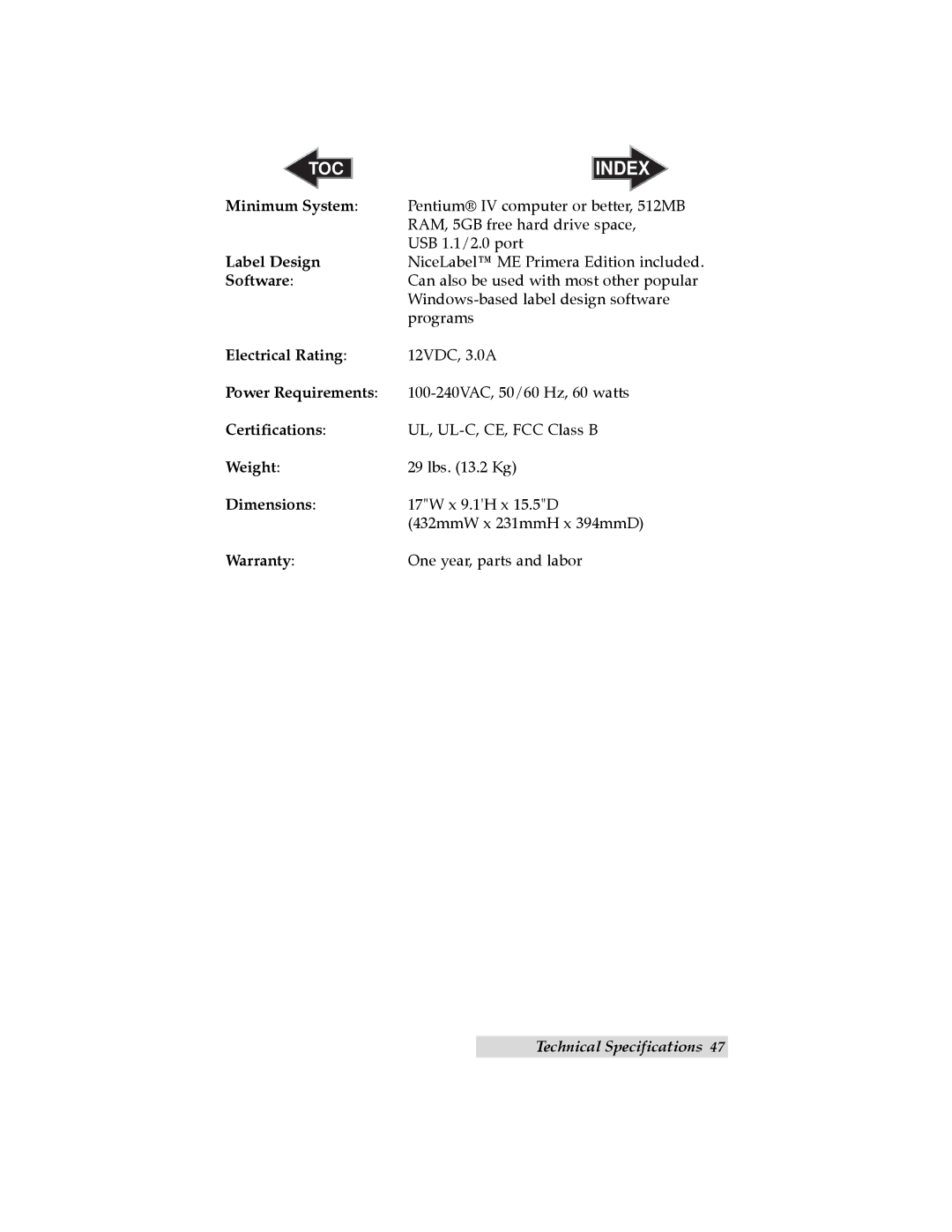 Primera Technology LX810 Minimum System, Label Design, Software, Electrical Rating, Power Requirements, Certifications 