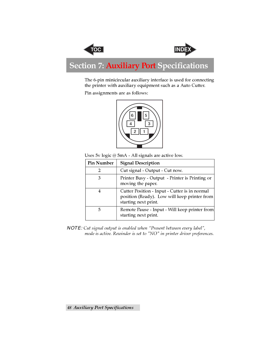 Primera Technology LX810 user manual Auxiliary Port Specifications, Pin Number Signal Description 