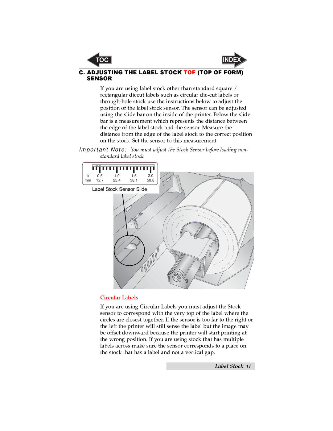 Primera Technology LX900 user manual Adjusting the Label Stock TOF TOP of Form Sensor, Circular Labels 