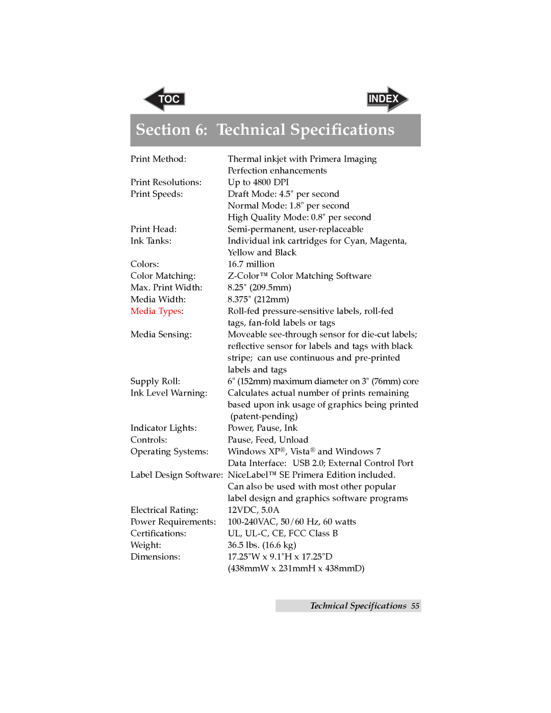 Primera Technology LX900 user manual Section Technical Specifications, Media Types 