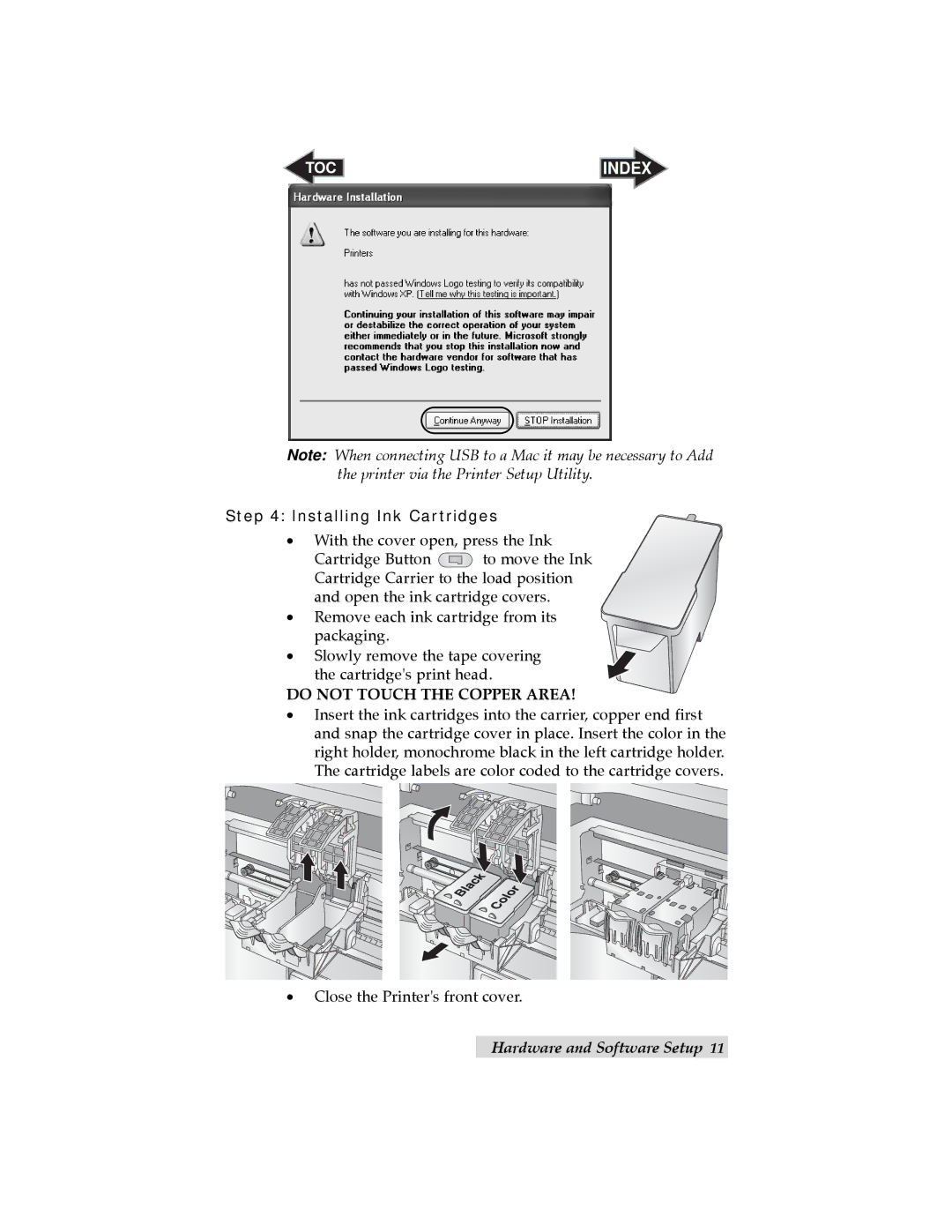 Primera Technology Optical Disc Printing System user manual Installing Ink Cartridges, Do not Touch the Copper Area 