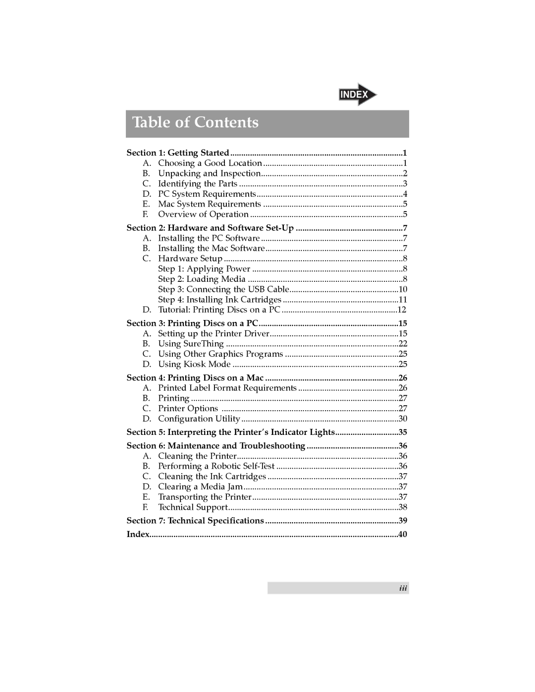 Primera Technology Optical Disc Printing System user manual Table of Contents 