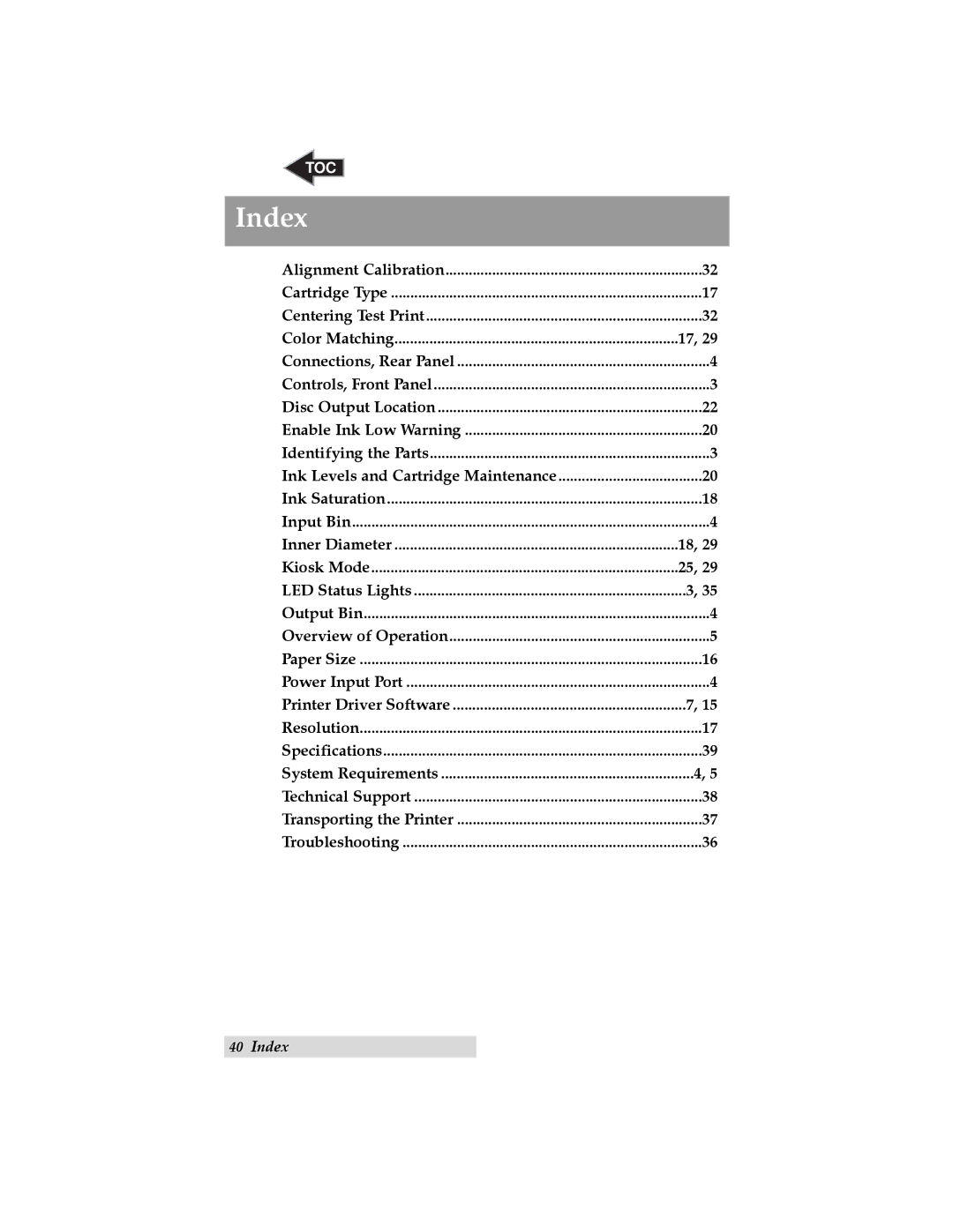 Primera Technology Optical Disc Printing System user manual Index 