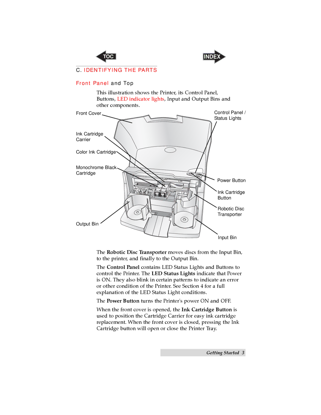 Primera Technology Optical Disc Printing System user manual Identifying the Parts, Front Panel and Top 