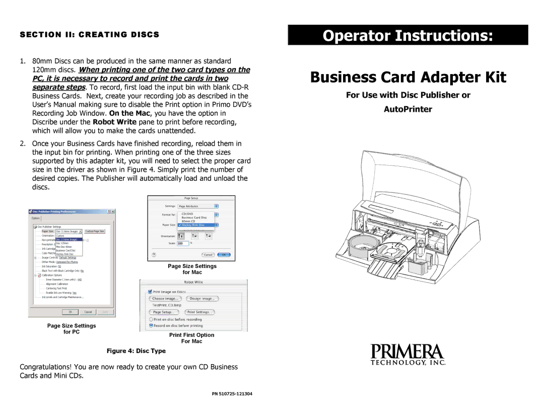 Primera Technology PN 510725-121304 user manual Operator Instructions, Business Card Adapter Kit 