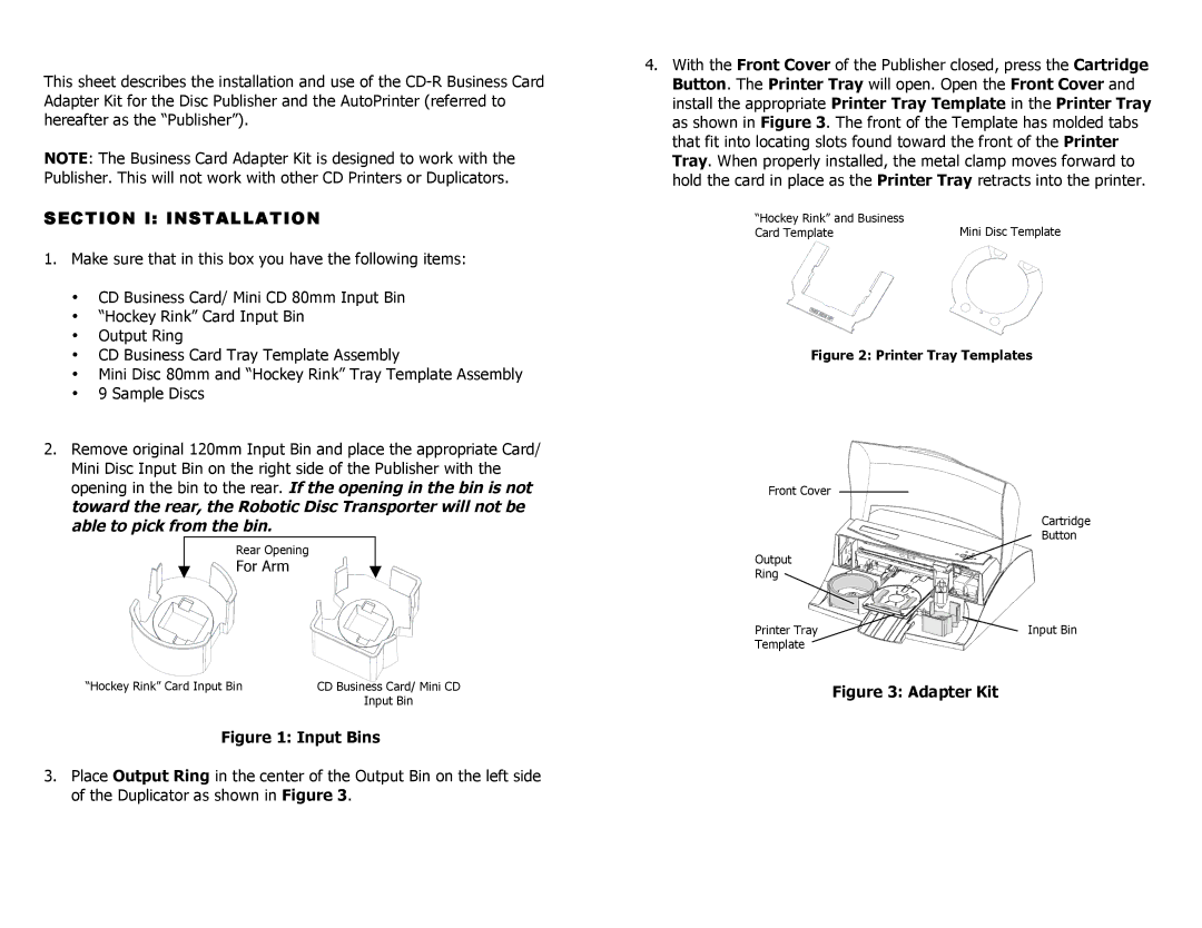 Primera Technology PN 510725-121304 user manual Section I Installation, Input Bins 