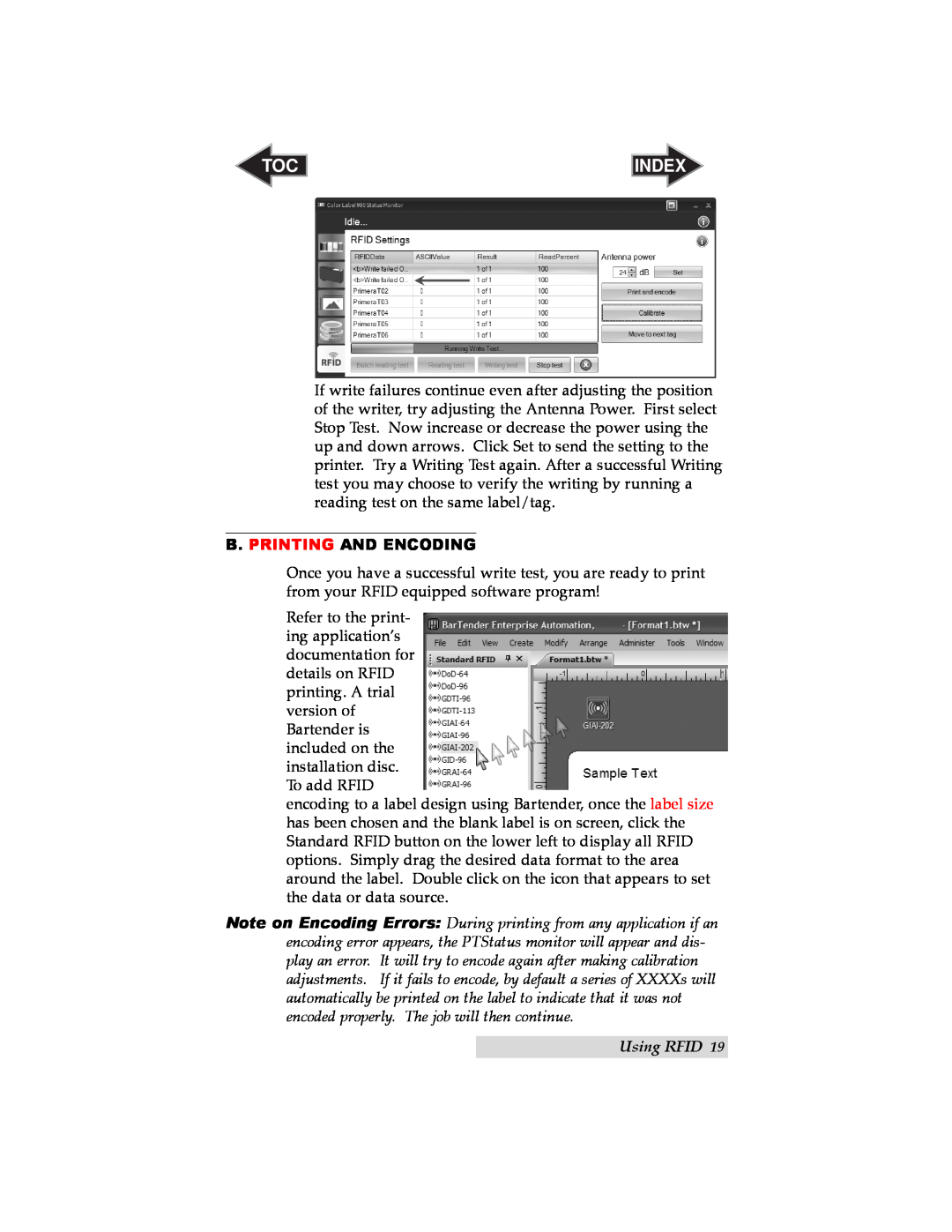 Primera Technology RX900 user manual B. Printing And Encoding, Index, Using RFID 