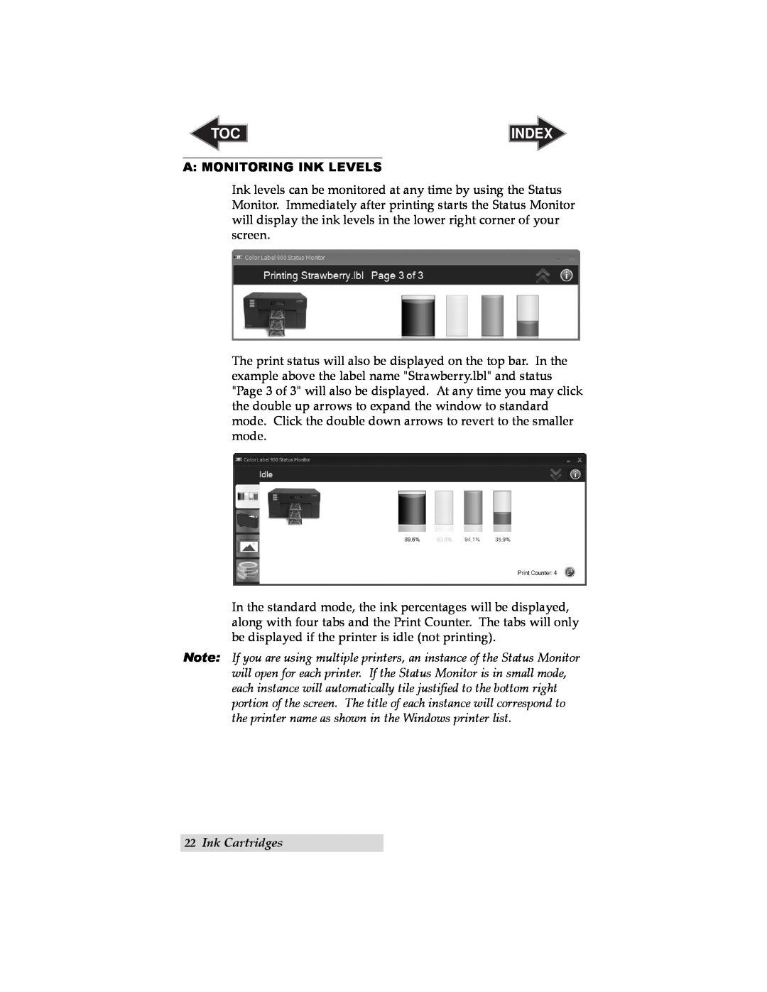 Primera Technology RX900 user manual A Monitoring Ink Levels, Ink Cartridges, Index 