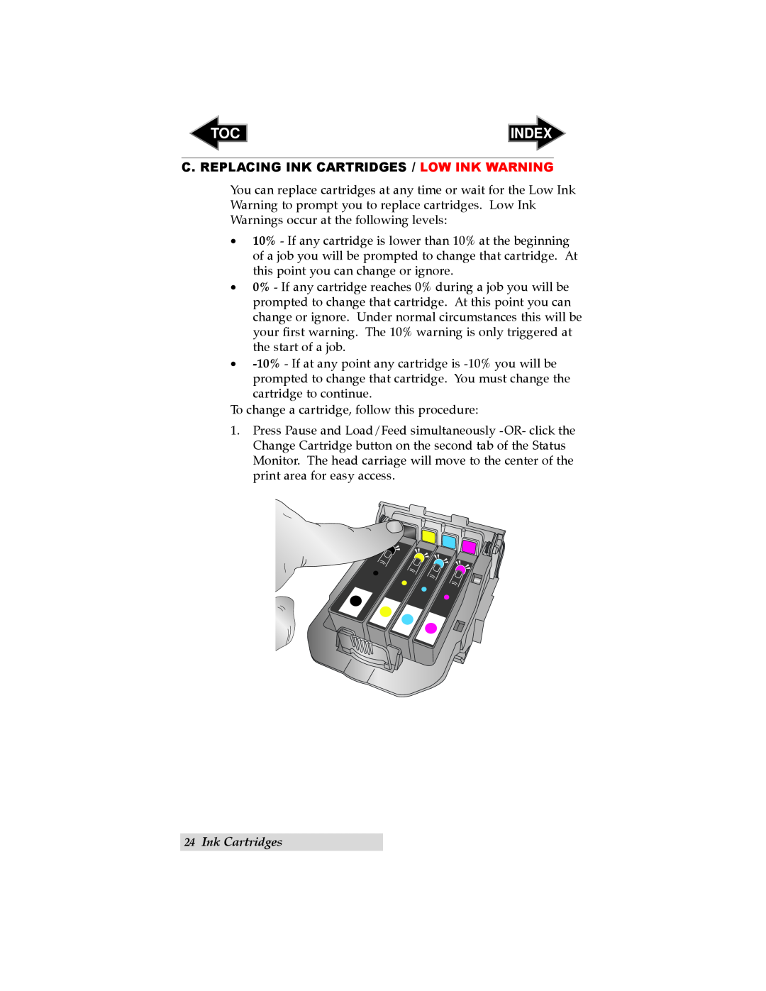 Primera Technology RX900 user manual C. Replacing Ink Cartridges / Low Ink Warning, Index 