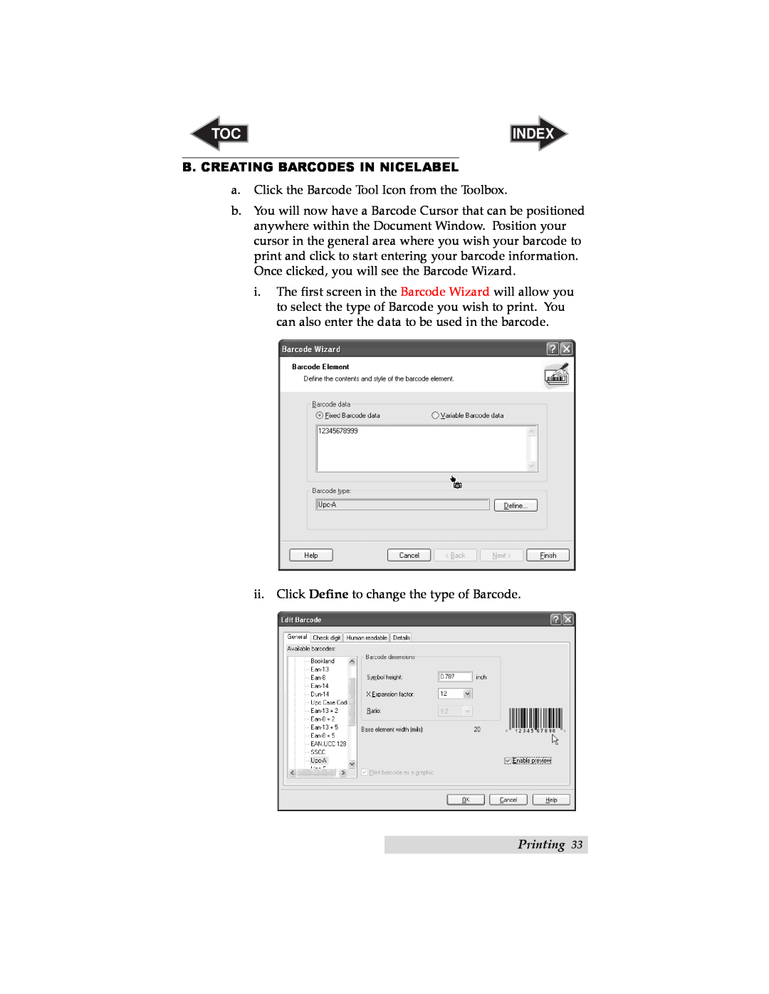 Primera Technology RX900 user manual B. Creating Barcodes In Nicelabel, Index, Printing 