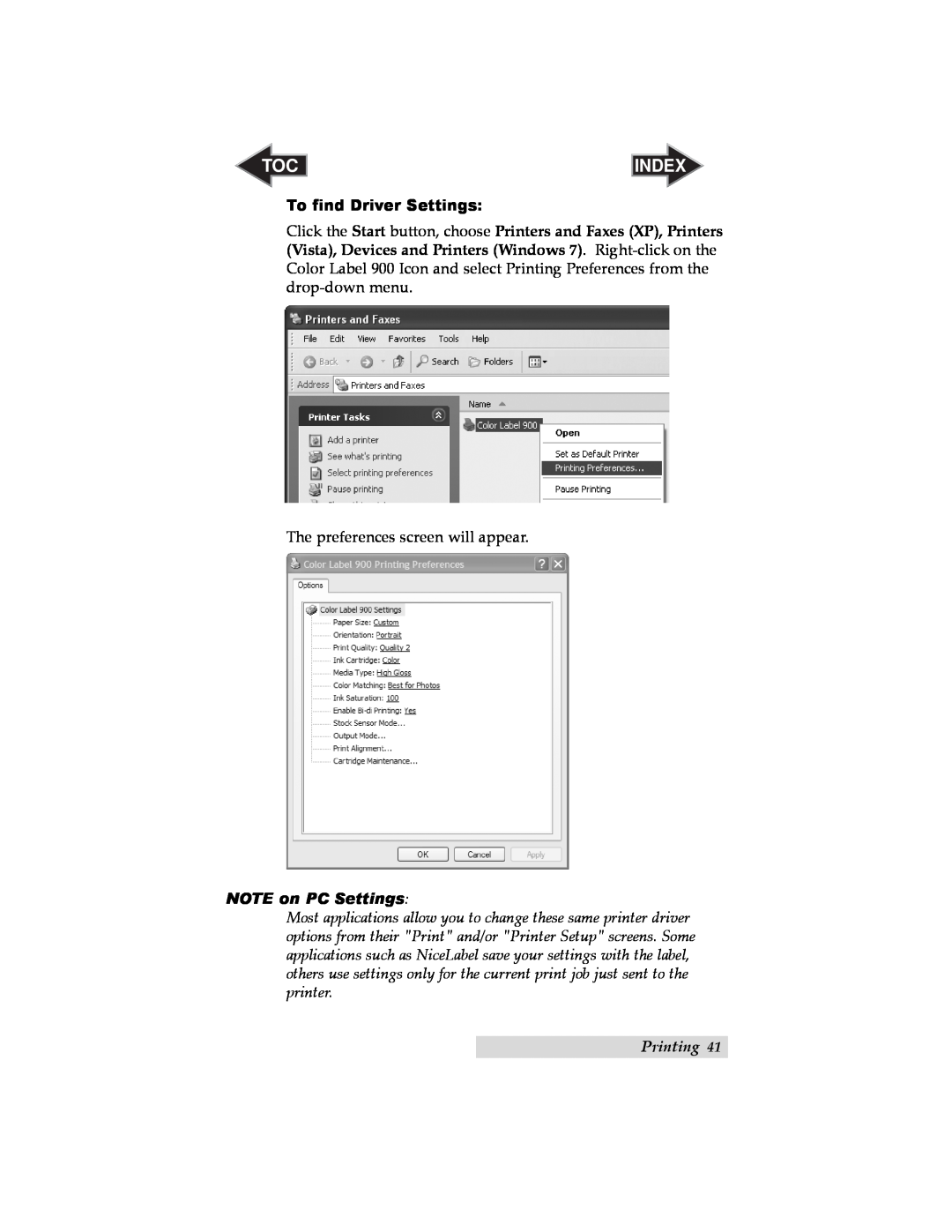 Primera Technology RX900 user manual To find Driver Settings, Index, NOTE on PC Settings, Printing 