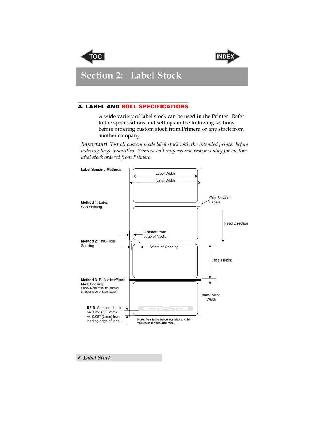 Primera Technology RX900 user manual Label Stock, Label and Roll Specifications 