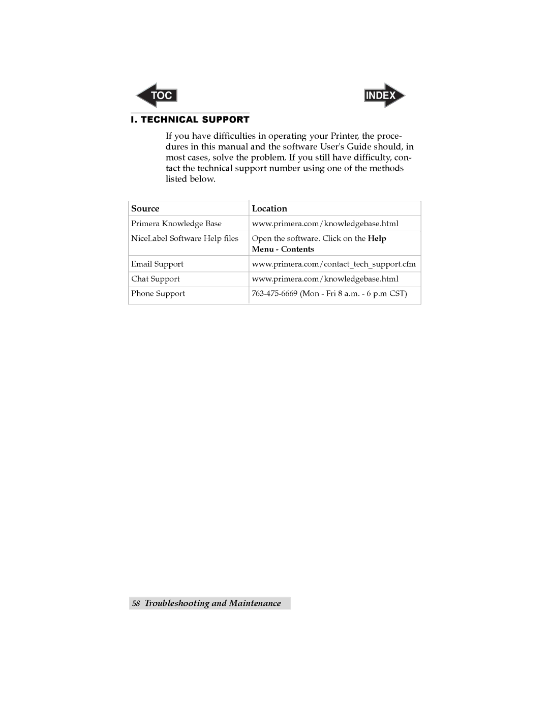 Primera Technology RX900 user manual Technical Support, Source Location 