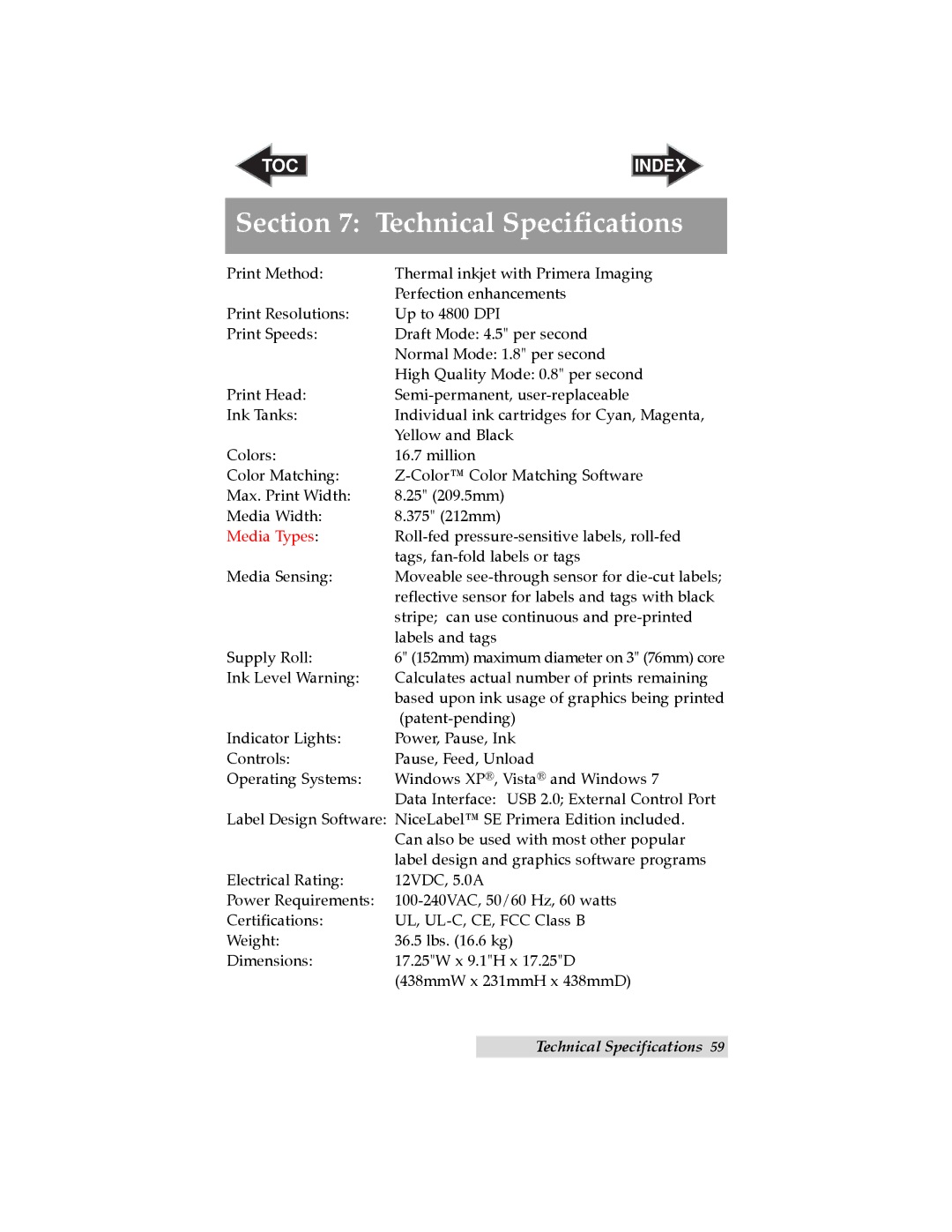 Primera Technology RX900 user manual Section Technical Specifications, Media Types 