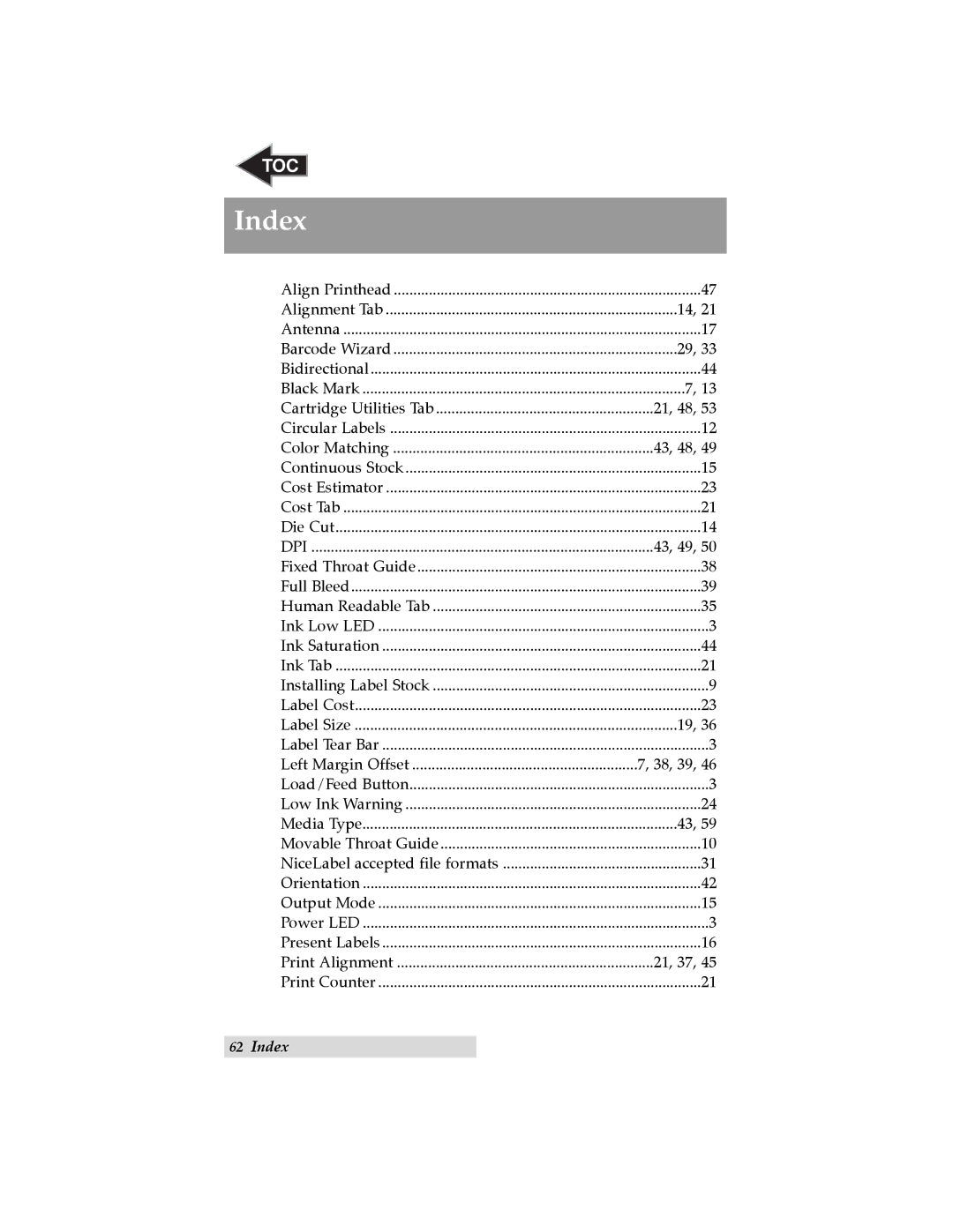 Primera Technology RX900 user manual Index, Dpi 