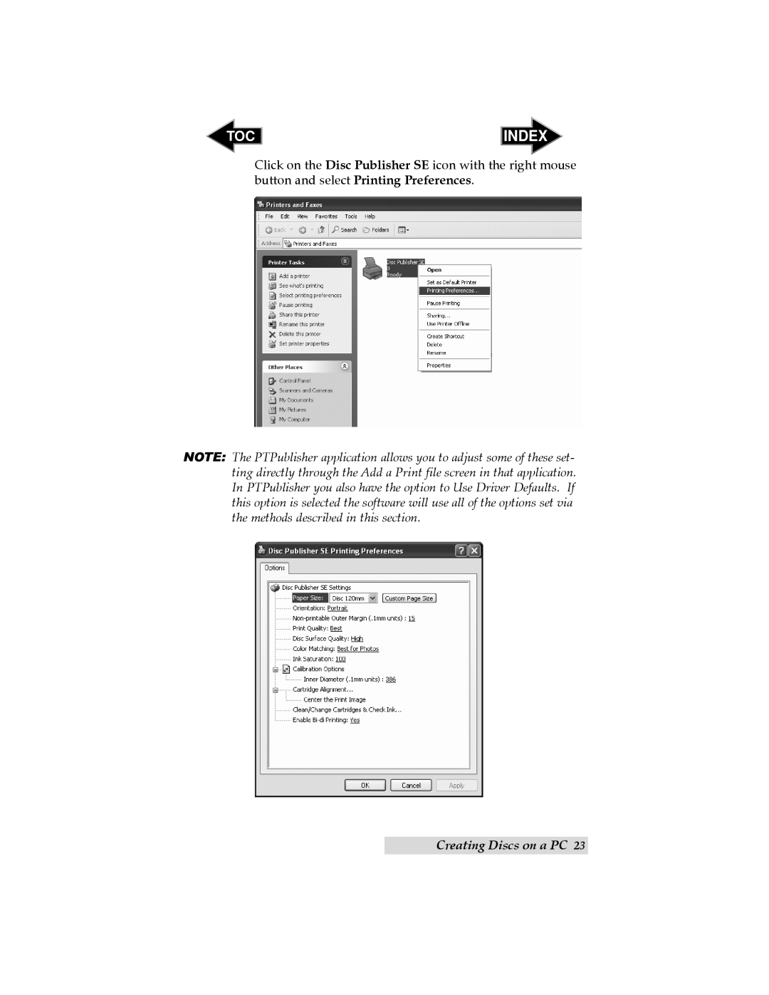 Primera Technology SE user manual Index, Creating Discs on a PC 