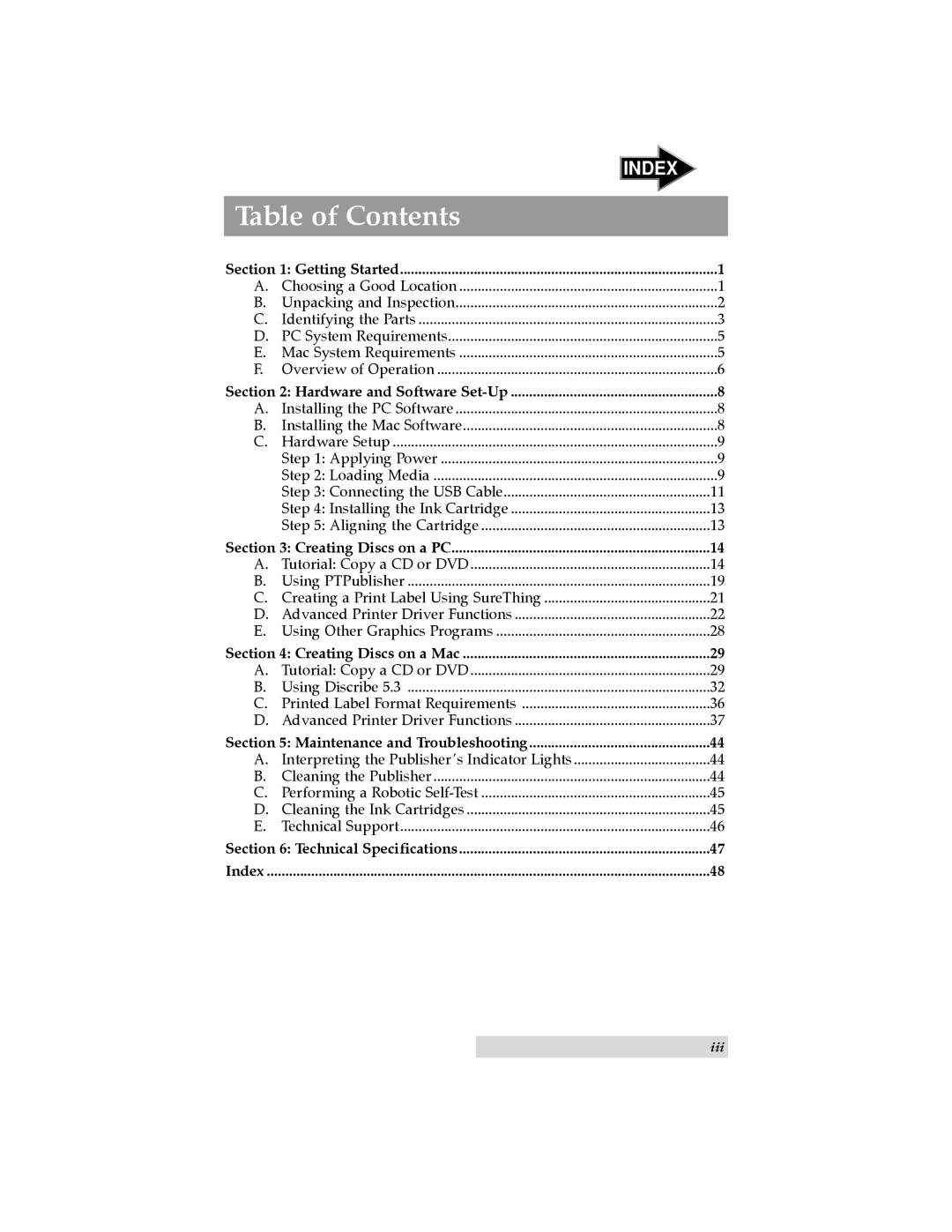Primera Technology SE user manual Table of Contents, Index 