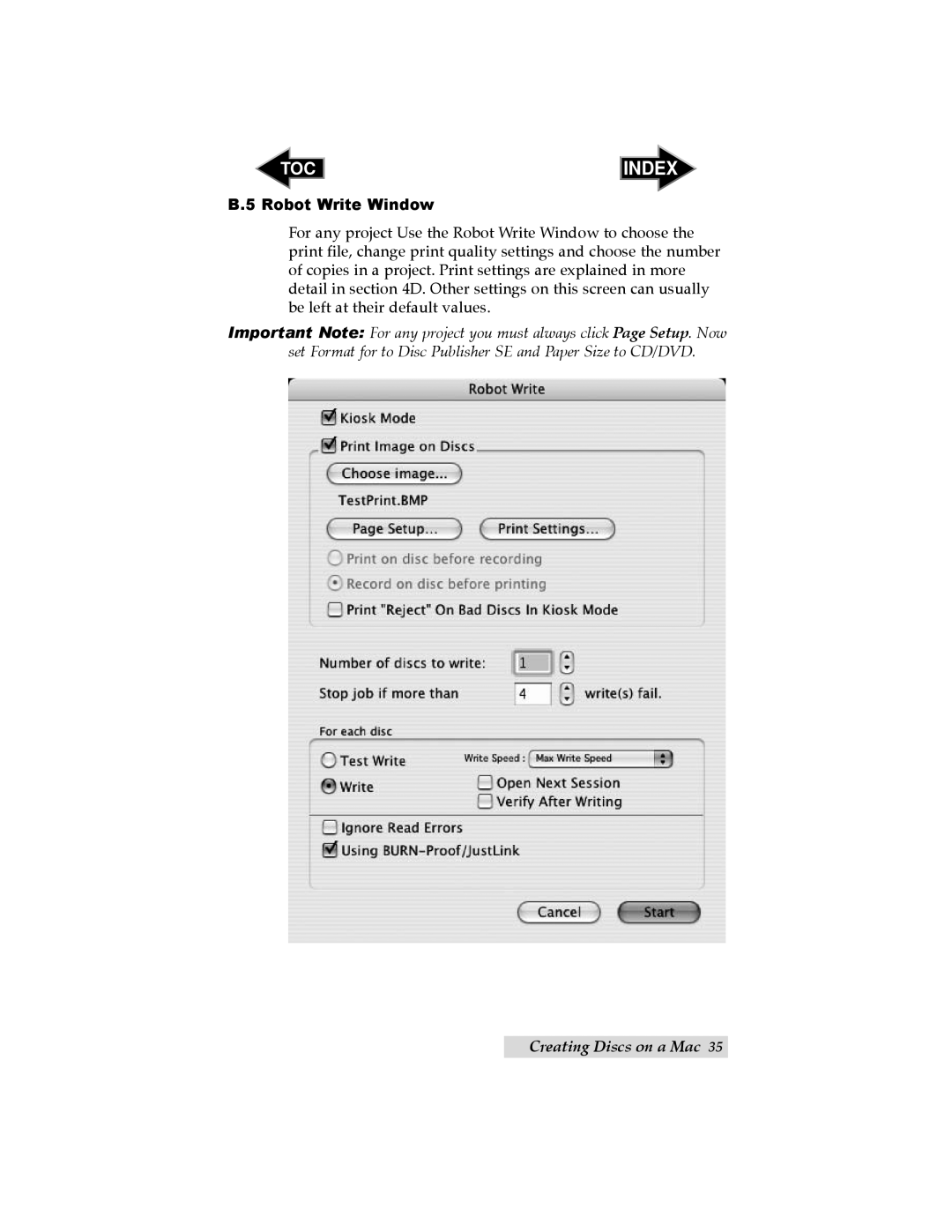 Primera Technology SE user manual B.5 Robot Write Window, Index, Creating Discs on a Mac 