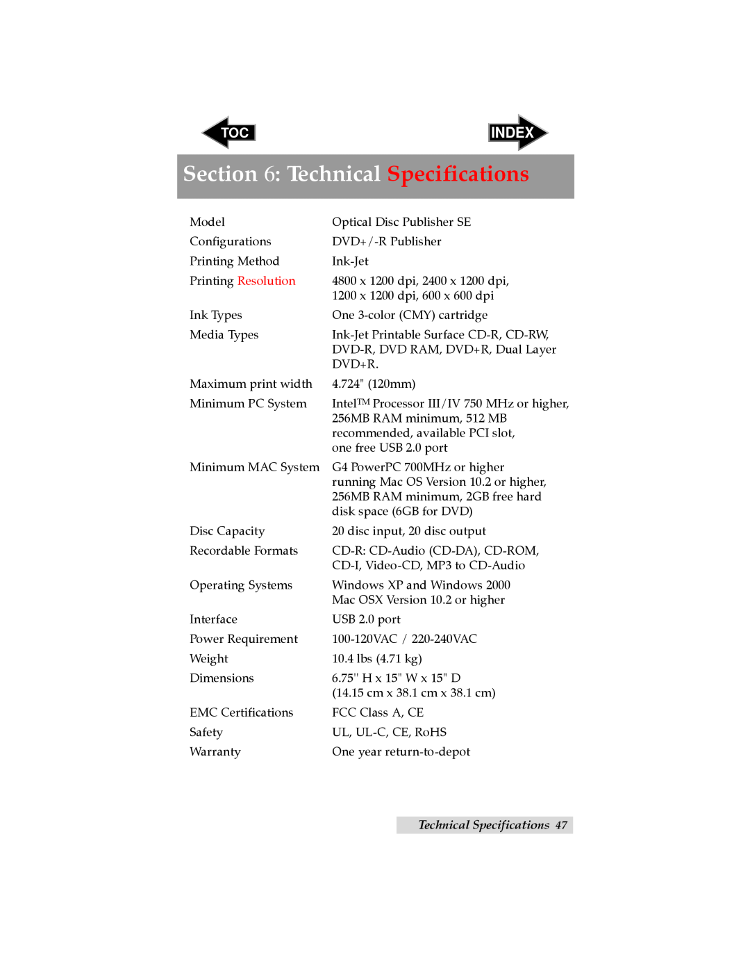 Primera Technology SE user manual Technical Specifications, Index, Printing Resolution 