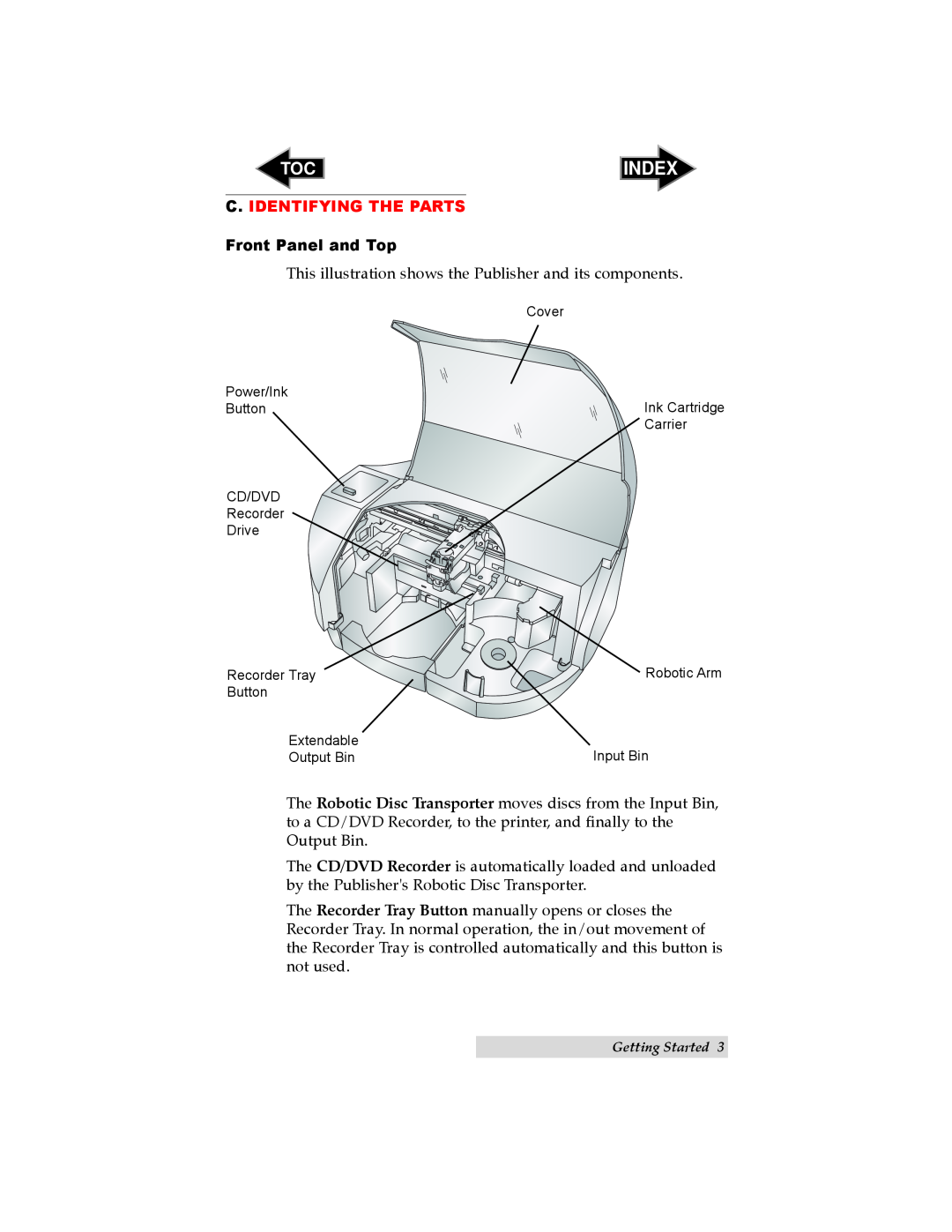 Primera Technology SE user manual C. Identifying The Parts, Front Panel and Top, Index 