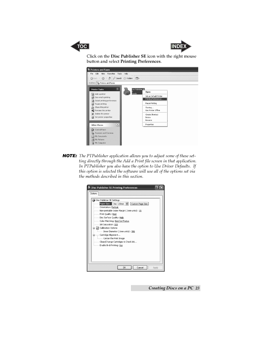 Primera Technology SE user manual TOC Index 