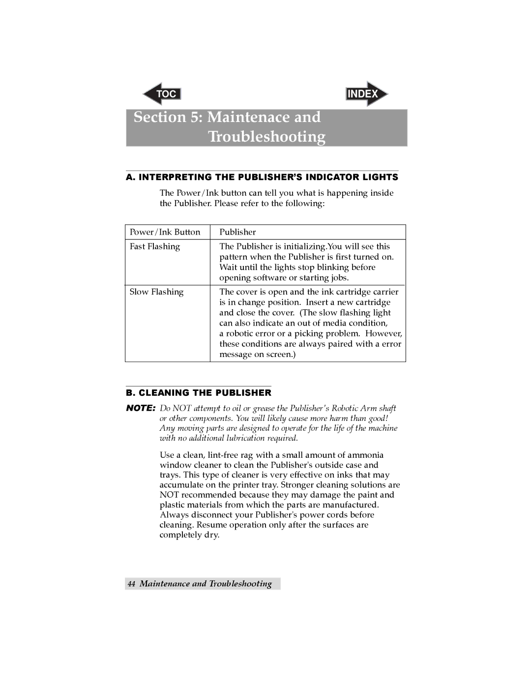 Primera Technology SE Maintenace Troubleshooting, Interpreting the PUBLISHER’S Indicator Lights, Cleaning the Publisher 