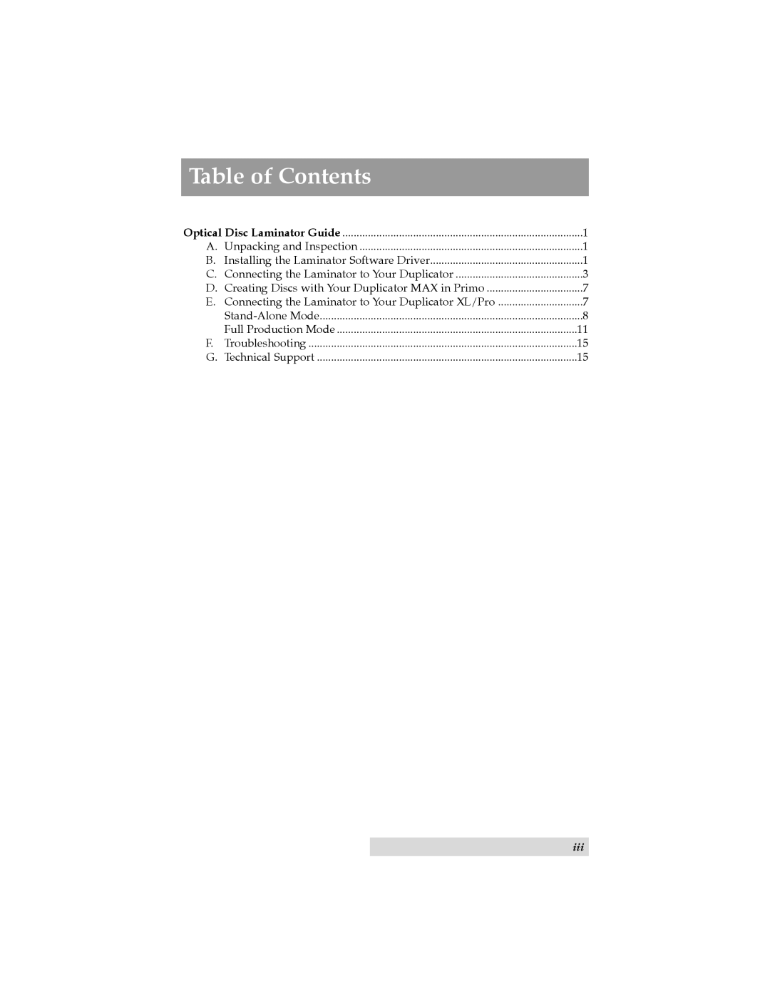 Primera Technology Max, XL/Pro manual Table of Contents 