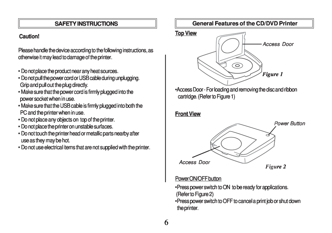 Primera Technology Z1 manual General Features of the CD/DVD Printer Top View, Figure, Front View, Safety Instructions 