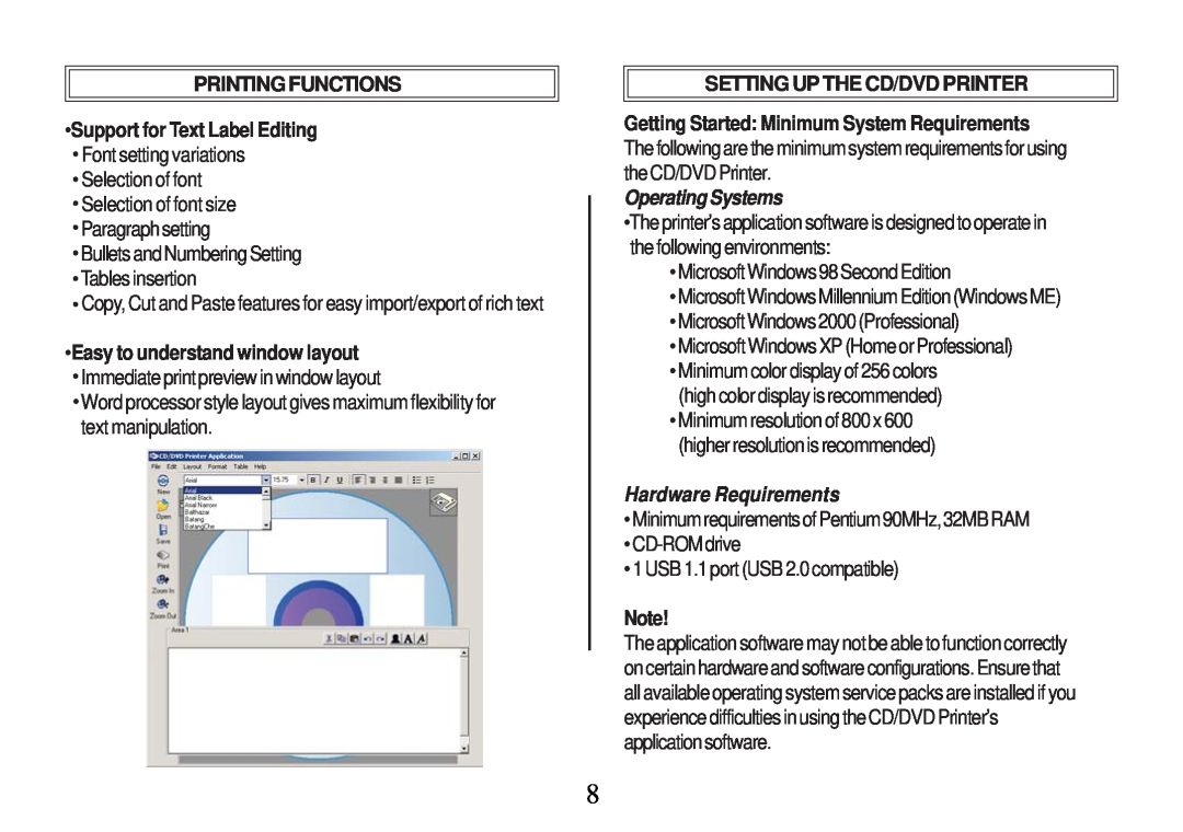 Primera Technology Z1 Support for Text Label Editing, Easy to understand window layout, Setting Up The Cd/Dvd Printer 