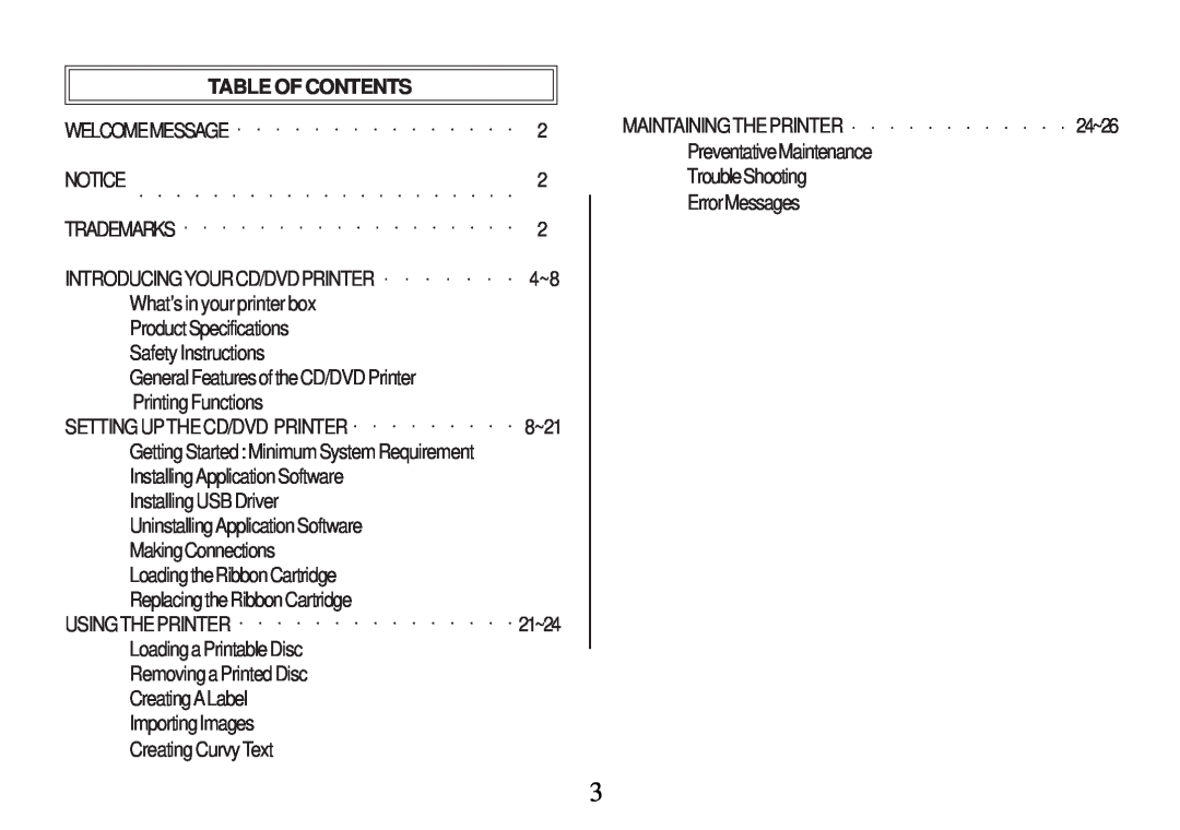 Primera Technology Z1 manual Table Of Contents 