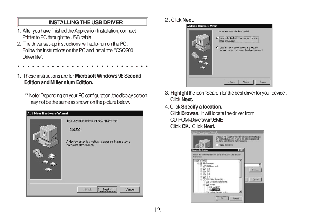 Primera Technology Z1 manual Installing the USB Driver, Edition and Millennium Edition, Click Specify a location 