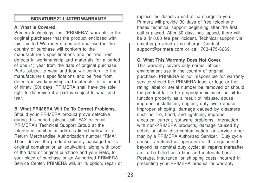 Primera Technology manual Signature Z1 Limited Warranty 