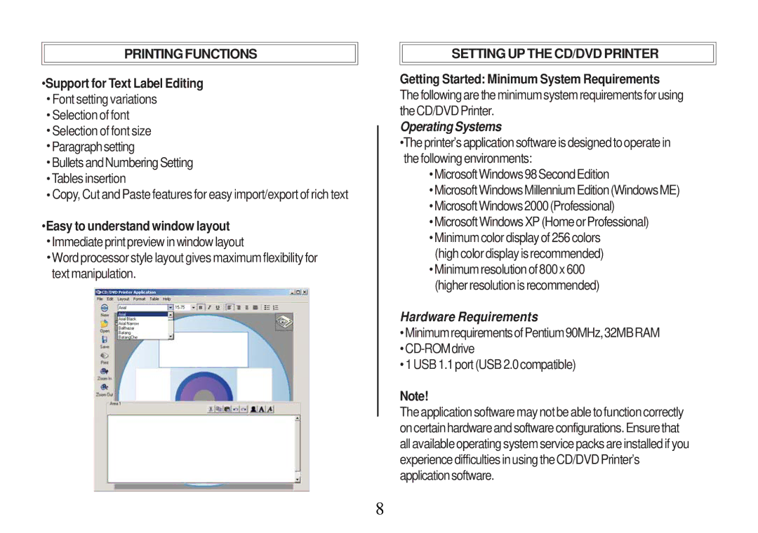 Primera Technology Z1 Support for Text Label Editing, Easy to understand window layout, Setting UP the CD/DVD Printer 