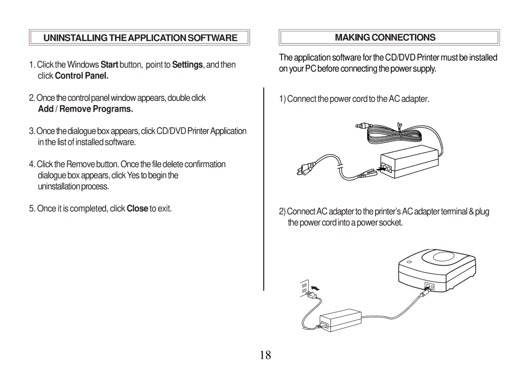 Primera Technology Z1 manual Uninstalling the Application Software, Add / Remove Programs, Making Connections 