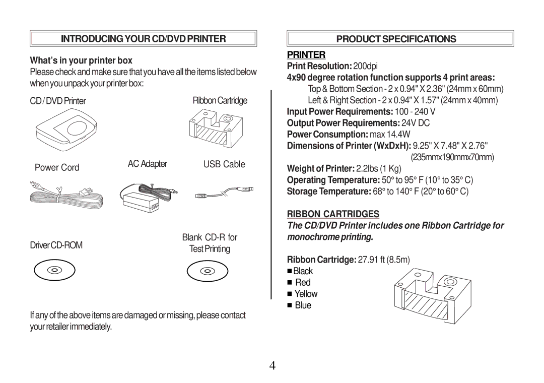 Primera Technology Z1 manual Introducing Your CD/DVD Printer, Product Specifications, Ribbon Cartridges 