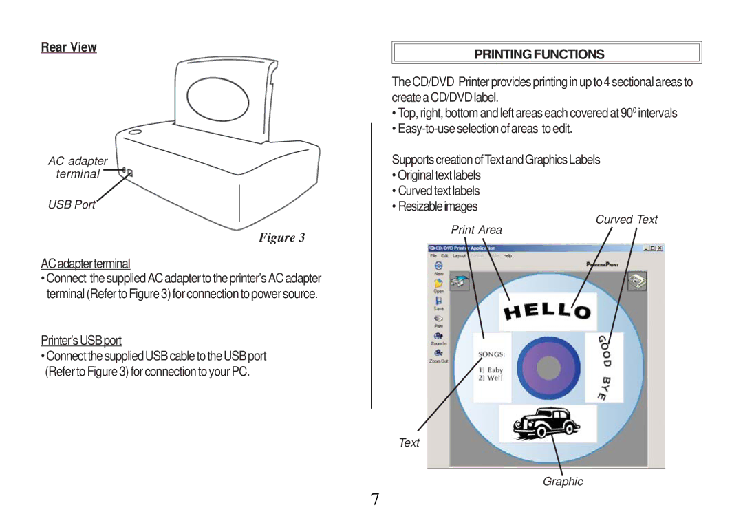 Primera Technology Z1 manual Rear View, ACadapterterminal, Printer’sUSBport, Printing Functions 