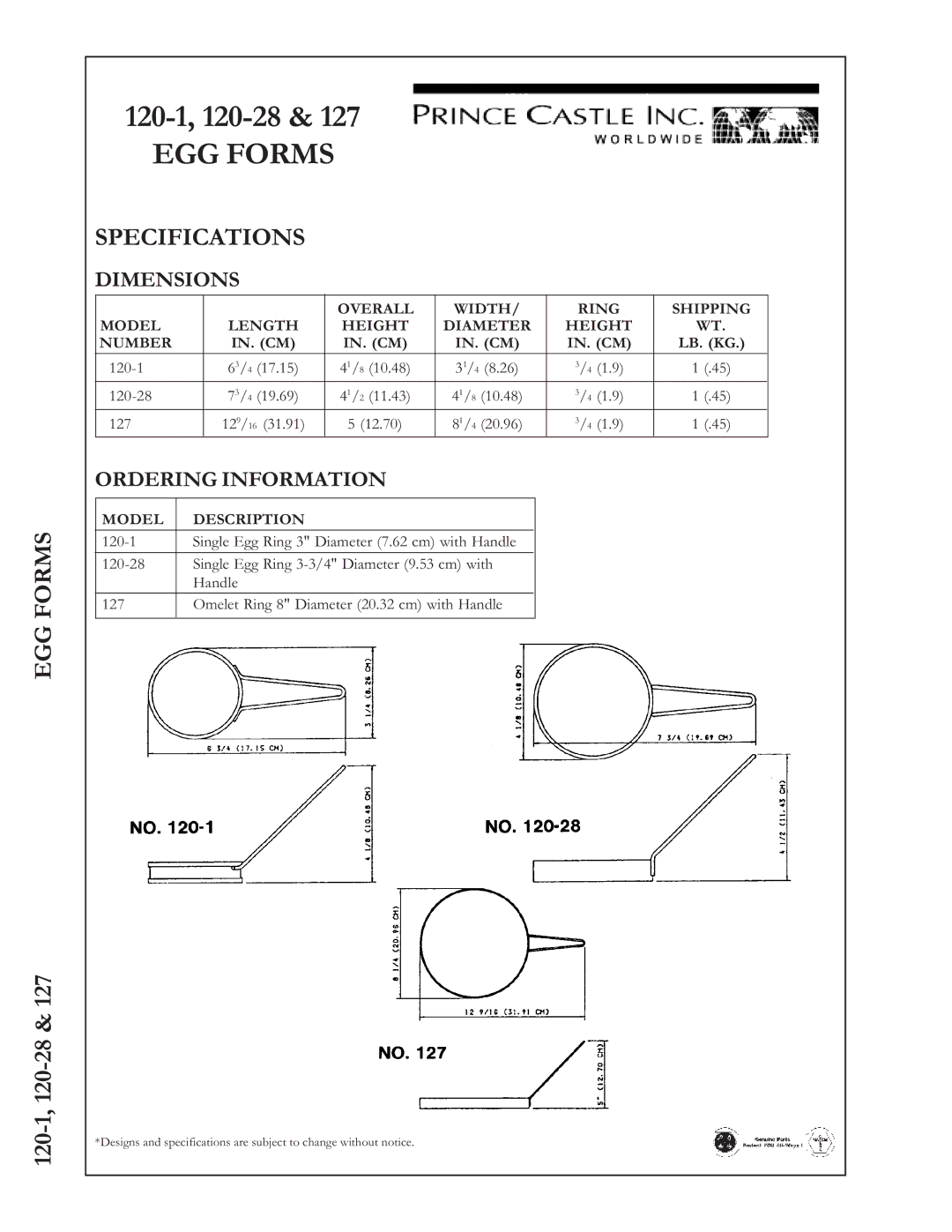 Prince Castle 127, 120-1, 120-28 manual Specifications, Dimensions, Ordering Information, Model Description 