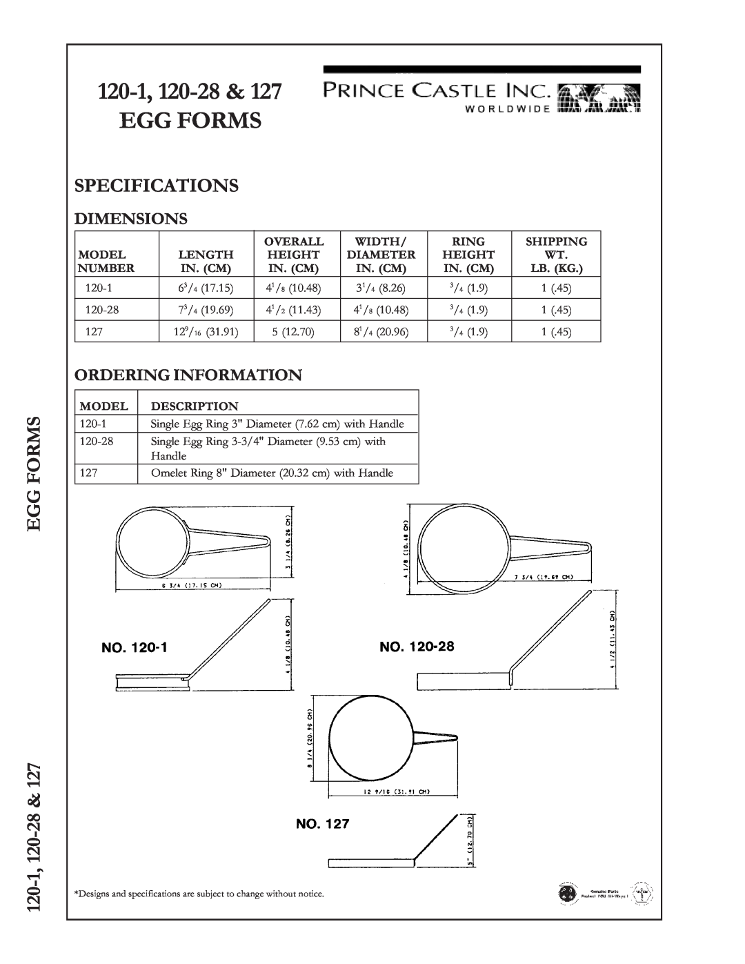 Prince Castle 127 manual Egg Forms, Specifications, 120-1, 120-28& EGG FORMS, Dimensions, Ordering Information 