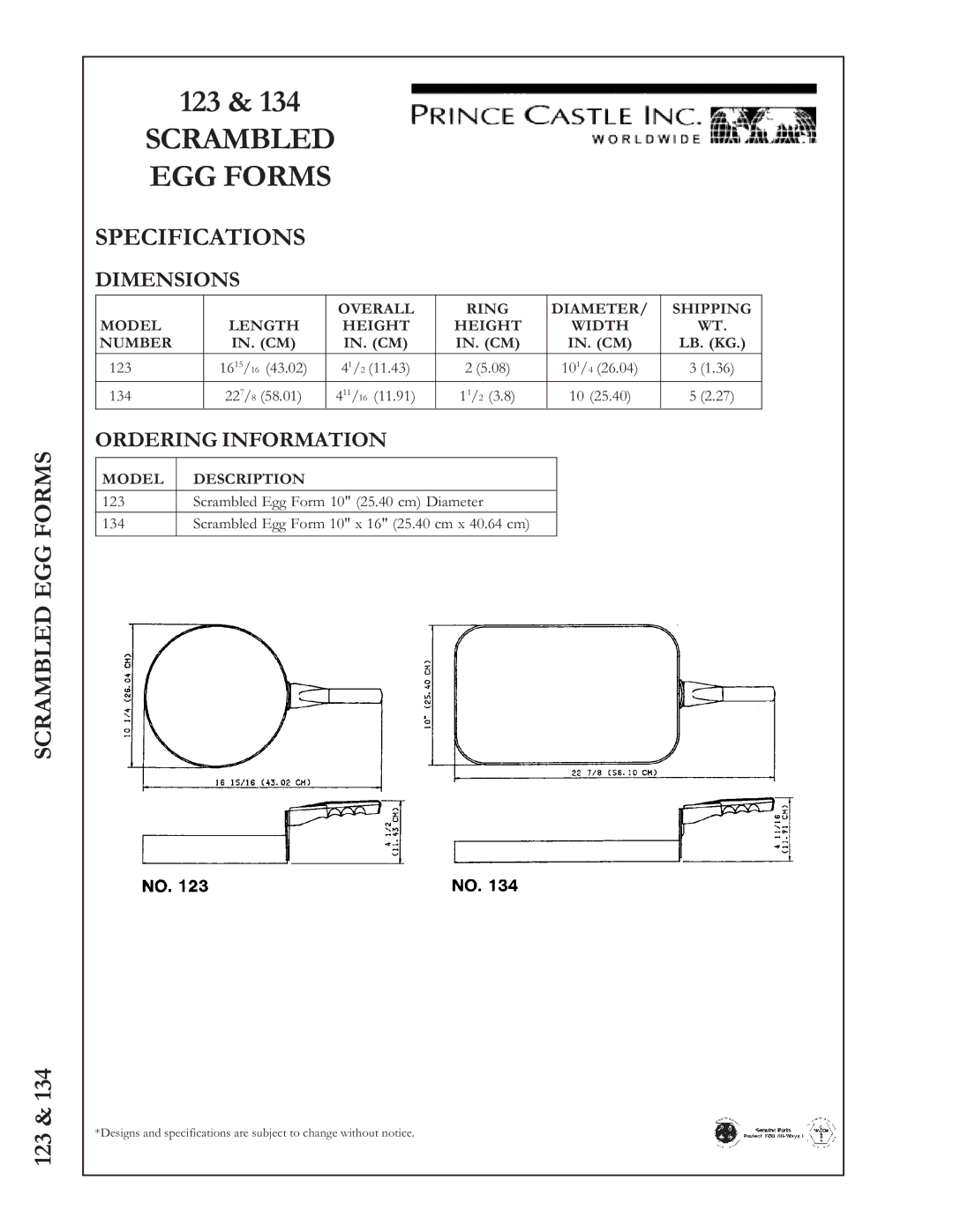 Prince Castle 134, 123 manual Scrambled EGG Forms, Specifications, Dimensions, Ordering Information, Model Description 