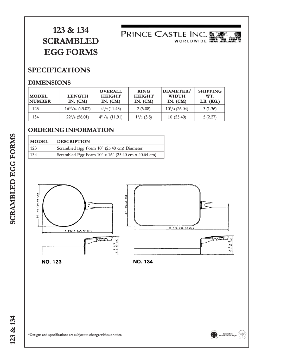 Prince Castle 134 manual Scrambled Egg Forms, Specifications, 123, Dimensions, Ordering Information 