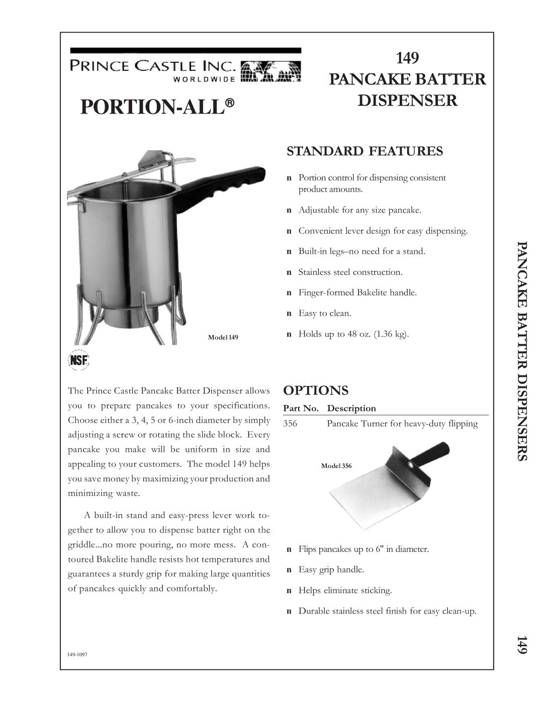 Prince Castle 149 specifications PORTION-ALLâDISPENSER, Pancake Batter, Standard Features, Options 